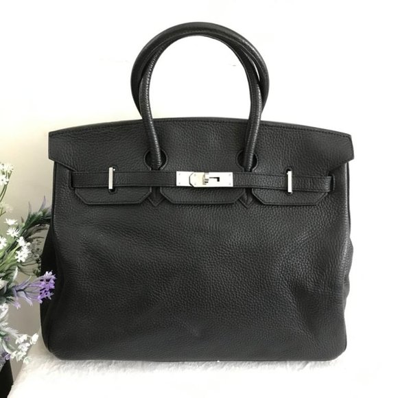 Hermes Handbags - Hermes Birkin Handbag Noir Clemence with Palladium Hardware 35 Black